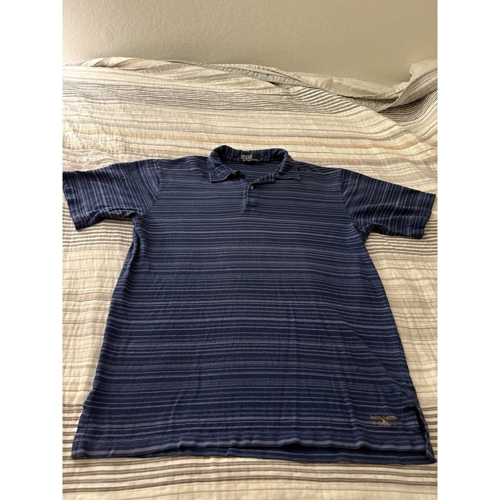 Vintage Polo Ralph Lauren Men's L Blue Striped Short Sleeve Polo Shirt 90s Y2K